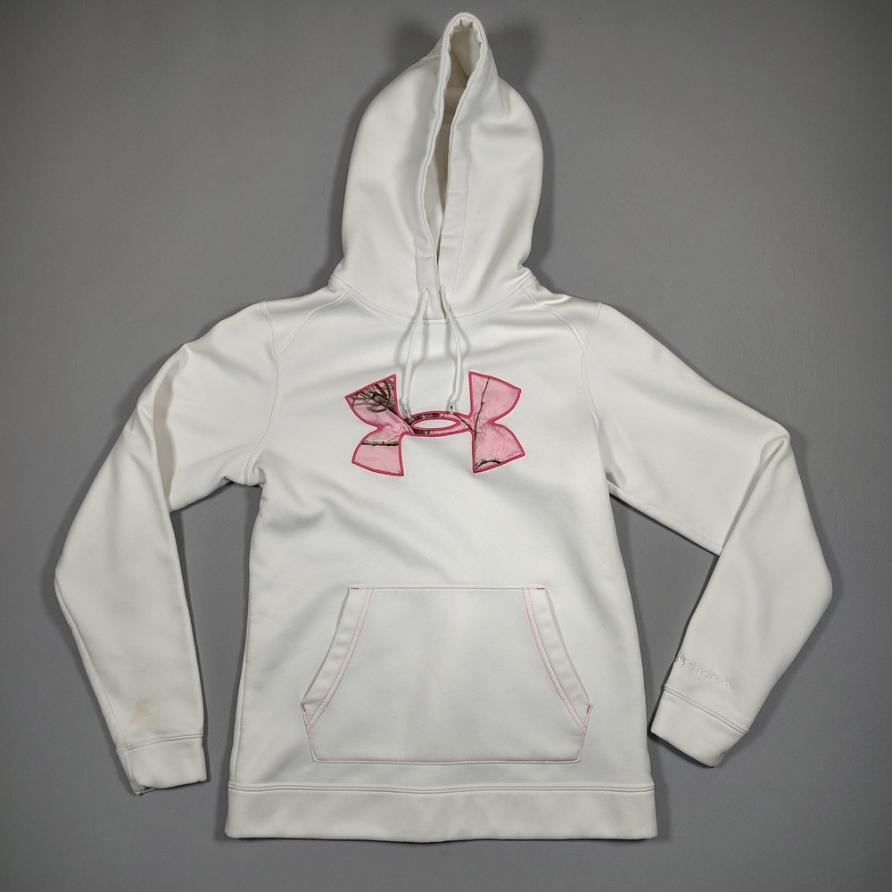 Under Armour Hoodie Womens Small White Pink‎ Camo Logo UA Storm Fleece Polyester